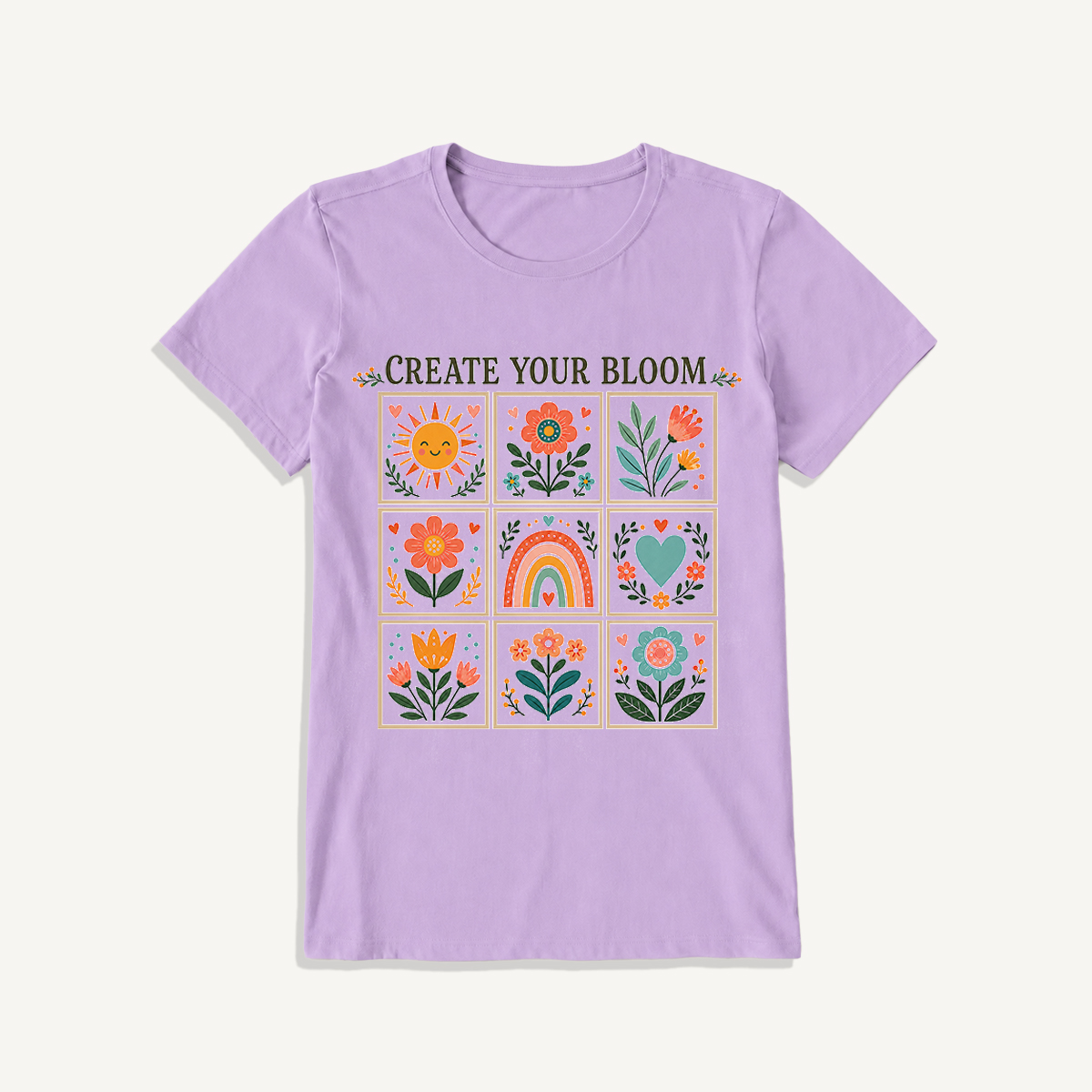 Folk Art Bloom Grid Print Crew Neck Cotton Tee