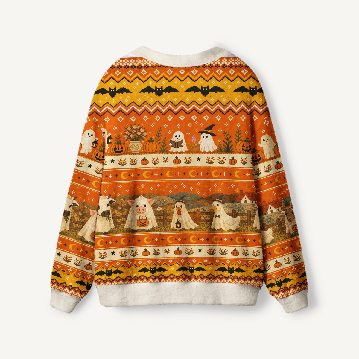 Ghostly Farm Friends Print Ugly Cardigan Sweaters