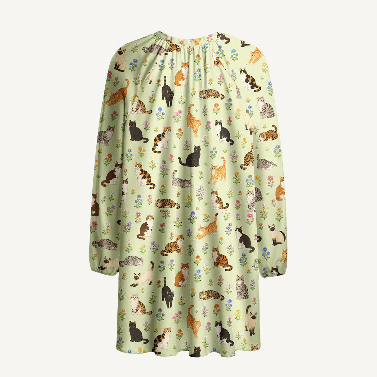 Spring Meadow Garden Kitty Print Boho Long Sleeve Tie‑Neck Smock Mini Dress