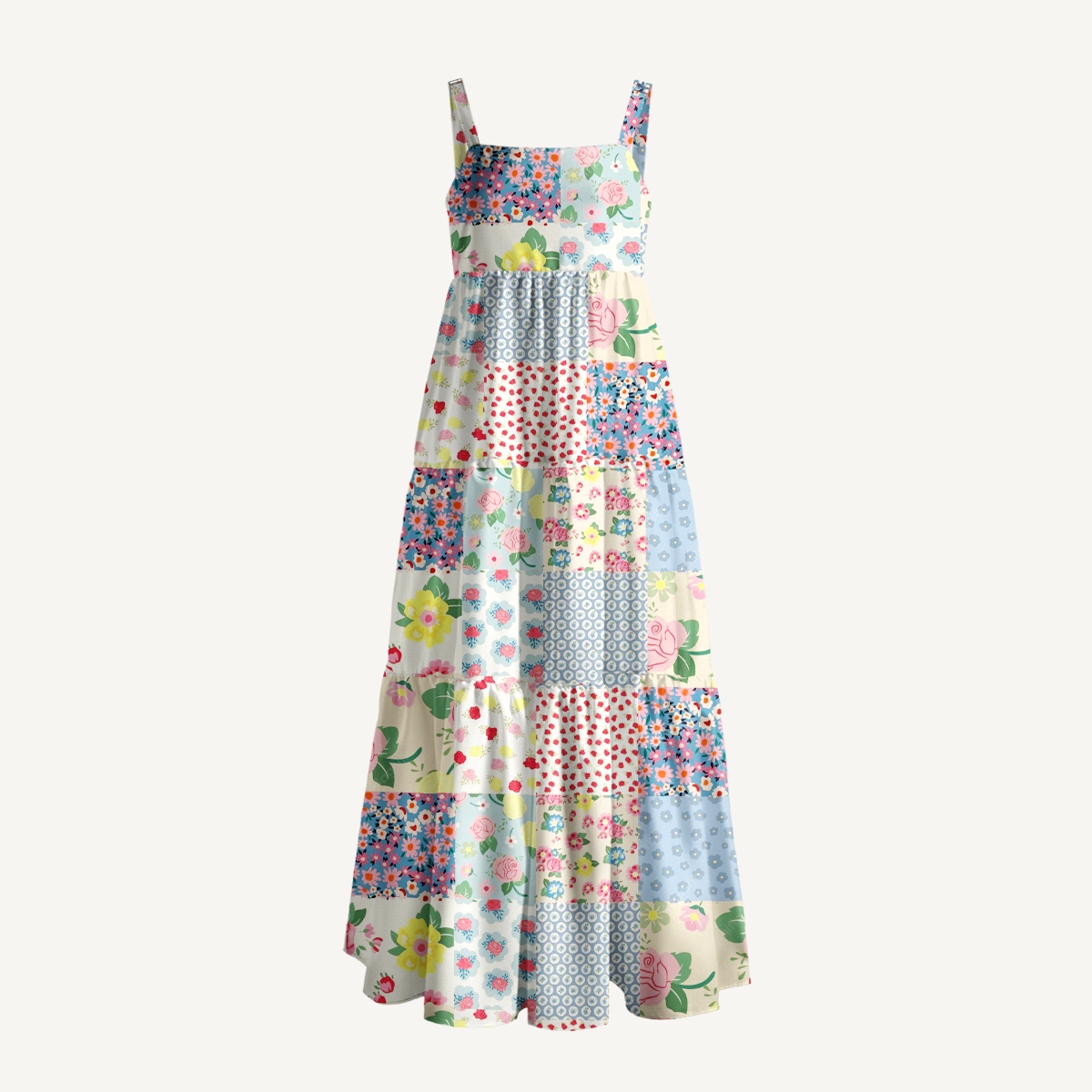 Spring Blossom Patchwork Print Wide Straps Maxi Dress With Pockets