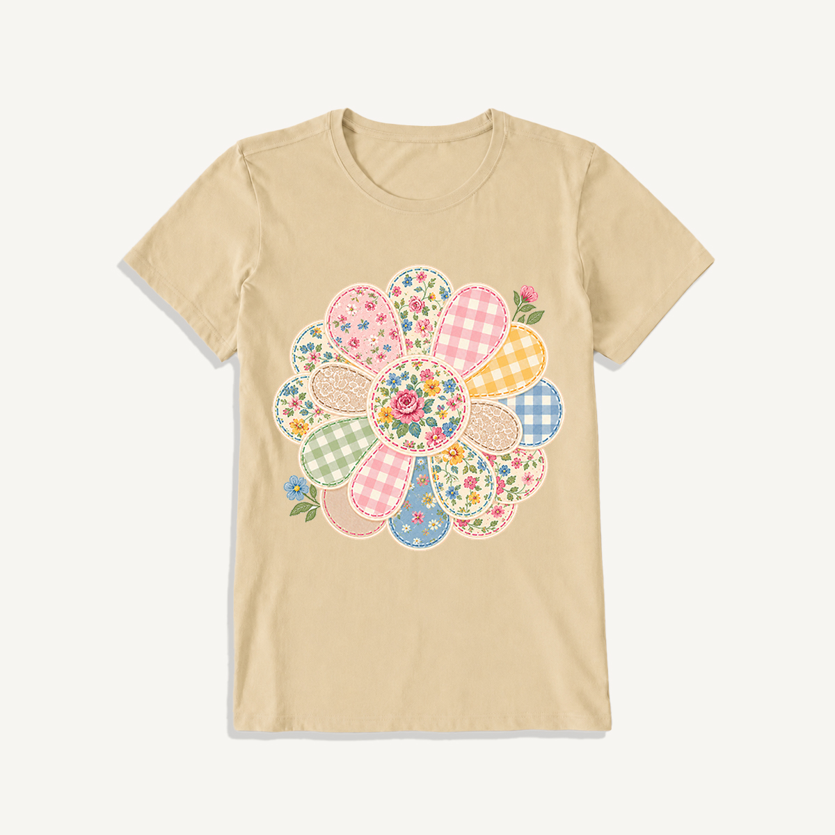 Cottage Patchwork Bloom Print Crew Neck Cotton Tee