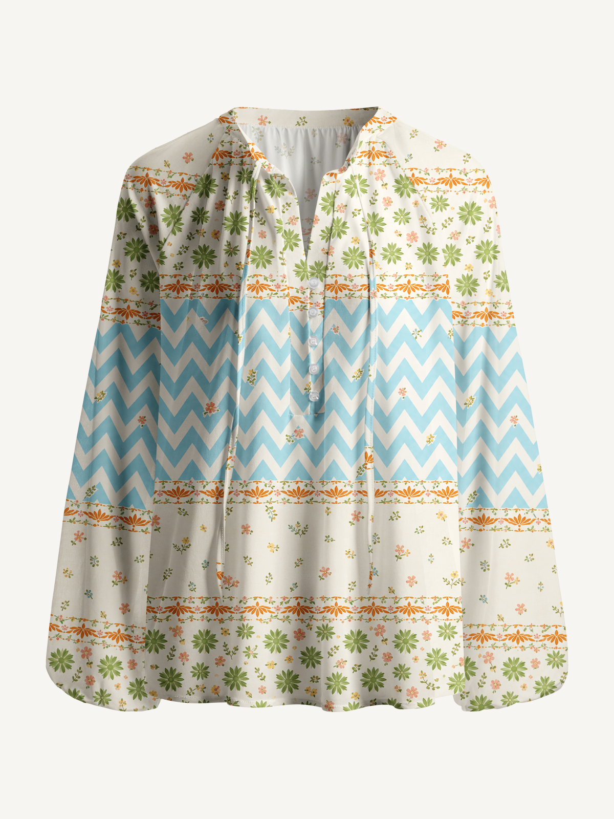 Pastel Chevron and Ditsy Floral Stripe Print Boho Long Sleeve Tie‑Neck Blouse