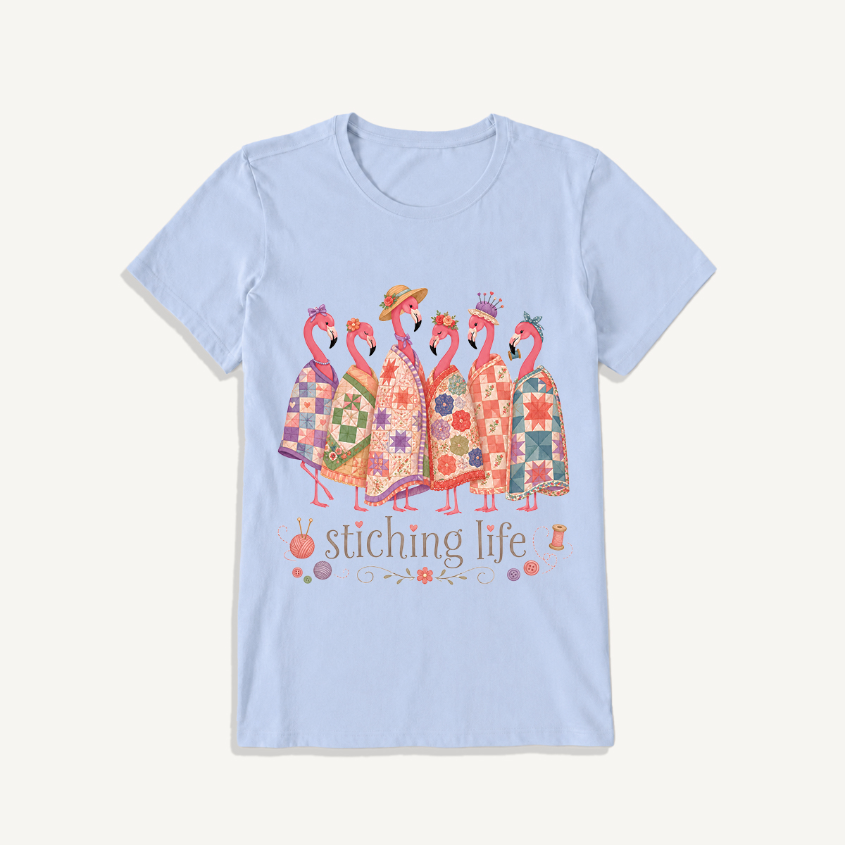 Quilted Flamingo Craft Club Print Crew Neck Cotton Tee