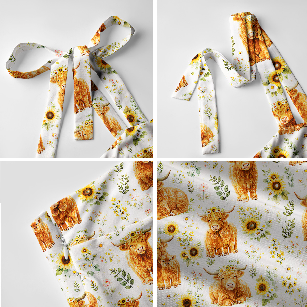 Spring Highland Cow Floral Print Bow Strap Maxi Dress