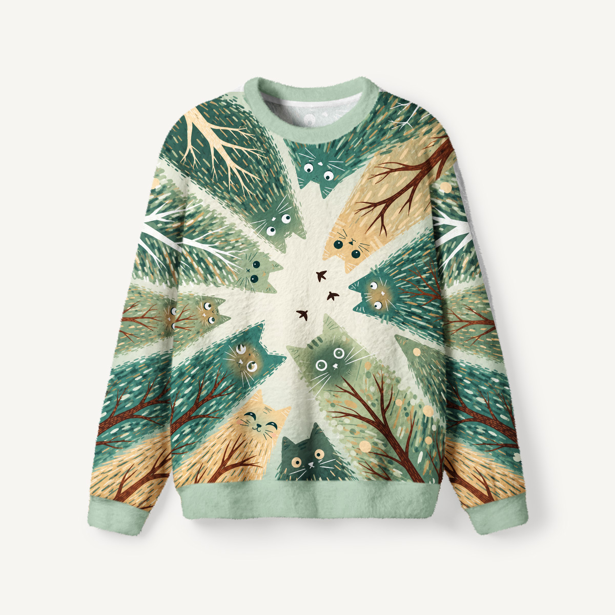 Whimsical Woodland Cats Fuzzy Crewneck Sweater