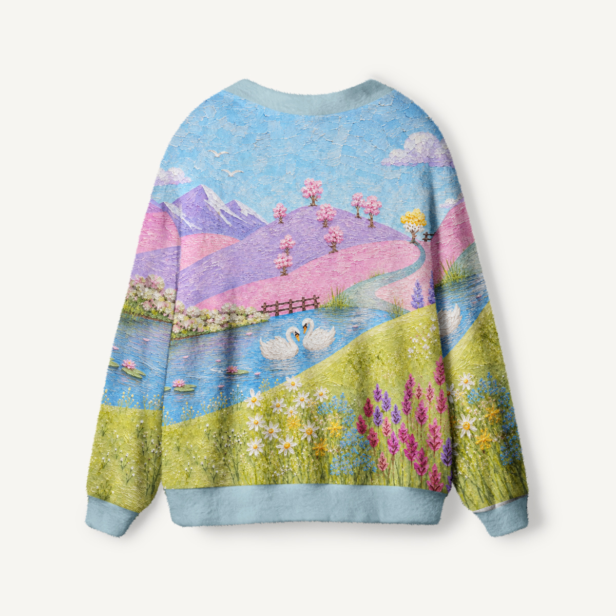 Pastel Swan Meadow Print Ugly Cardigan Sweaters