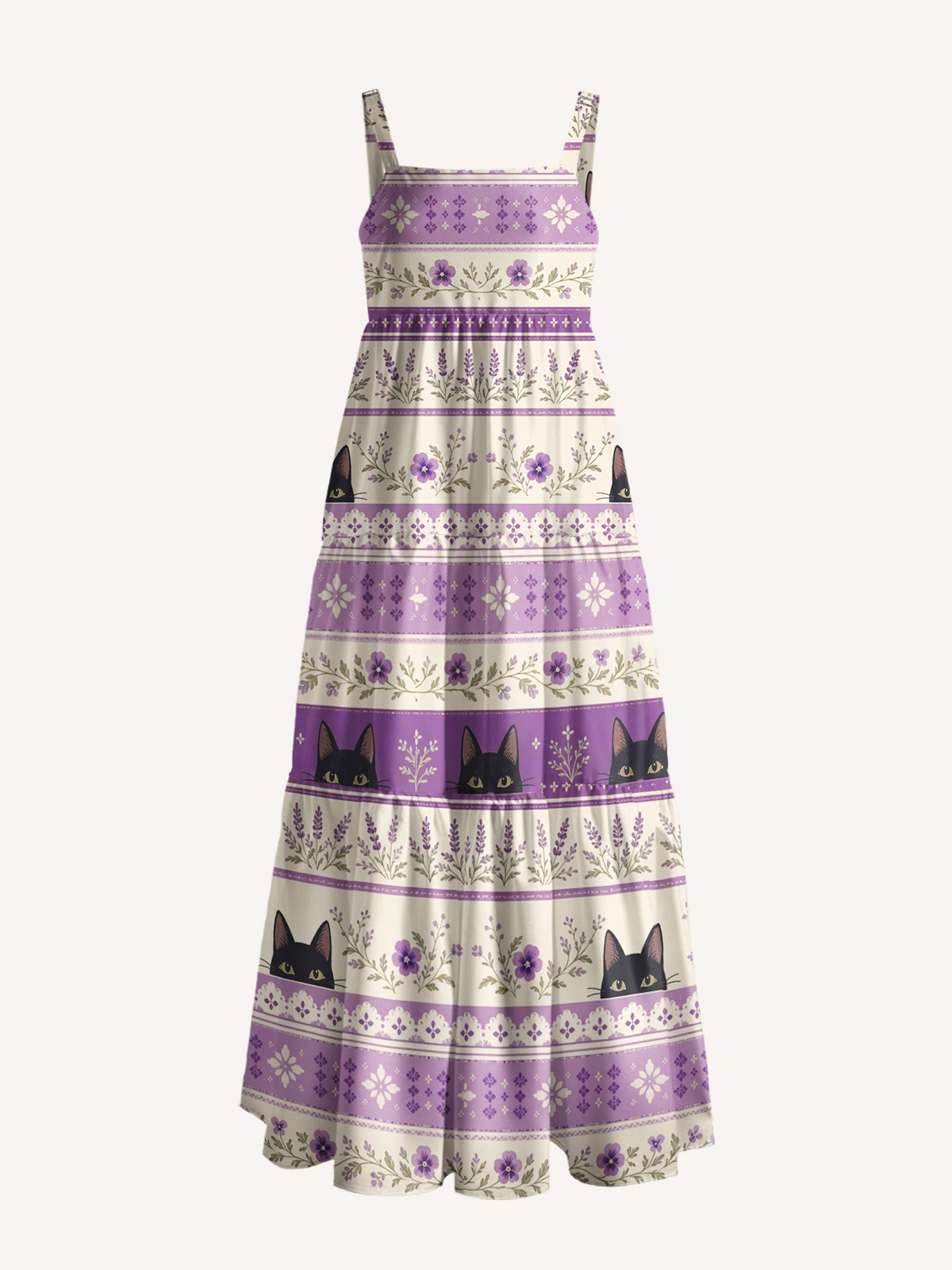 Midnight Lavender Cat Garden Print Wide Straps Maxi Dress With Pockets