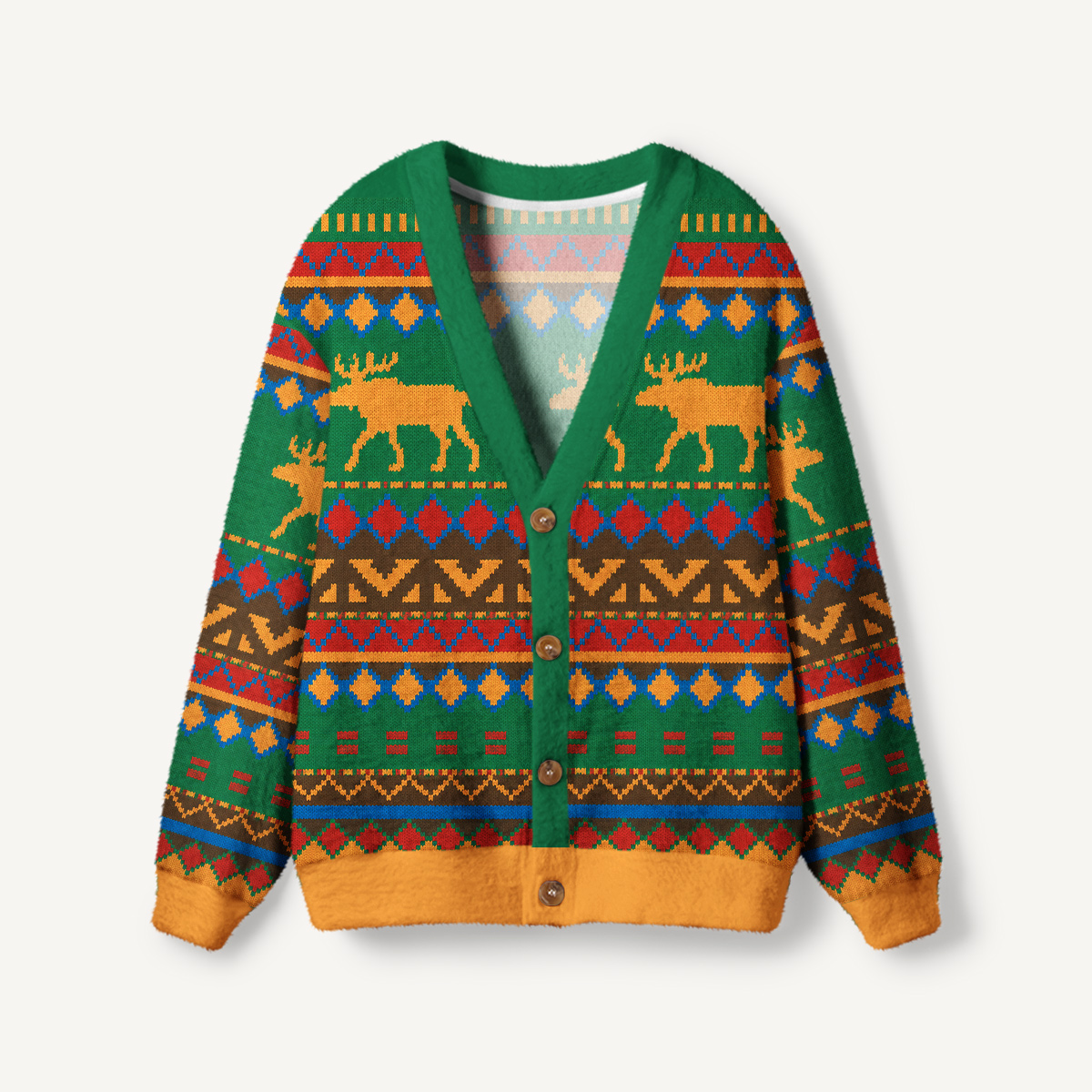 Antlered Deer & Geometric Stripe Ugly Cardigan Sweaters