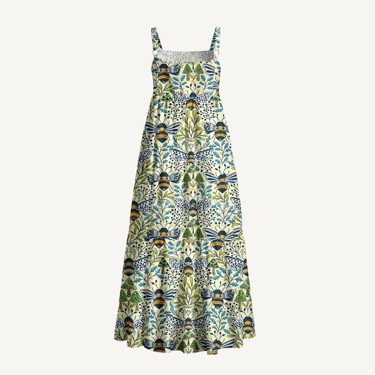 Botanical Bee Garden Print Wide Straps Maxi Dress With Pockets
