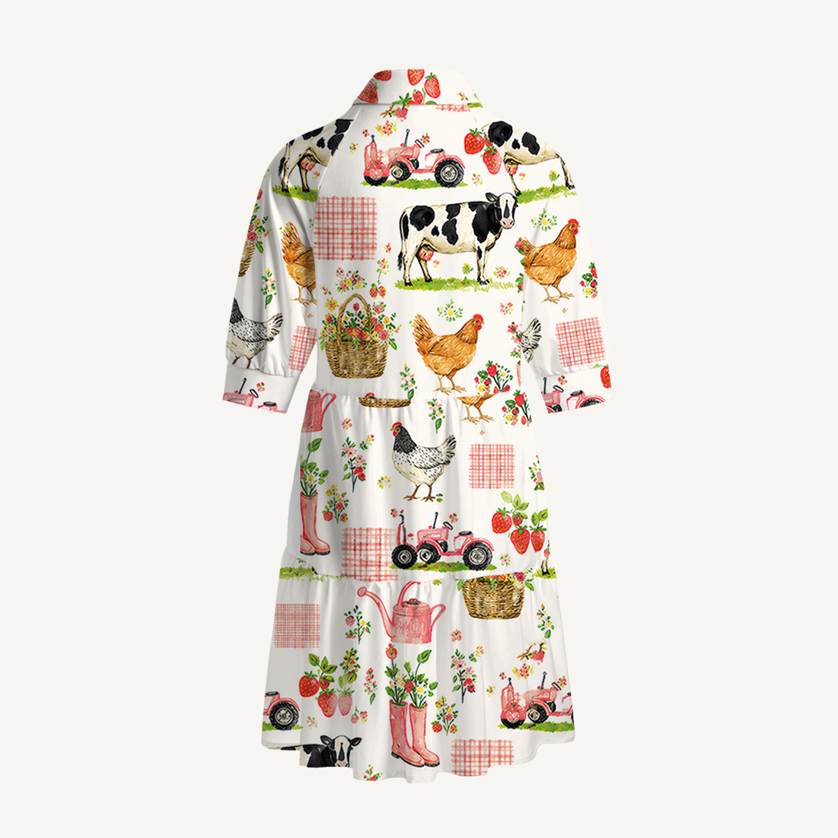 V Neck Collared Watercolor Pink Farm Chicken Mini Dress For Women With Pockets