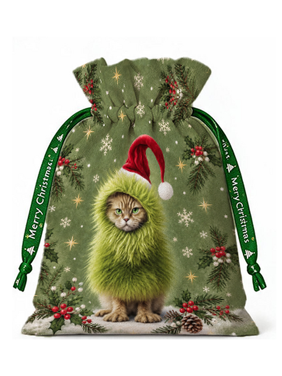Mischievous Christmas Cat Reusable Drawstring Gift Bag