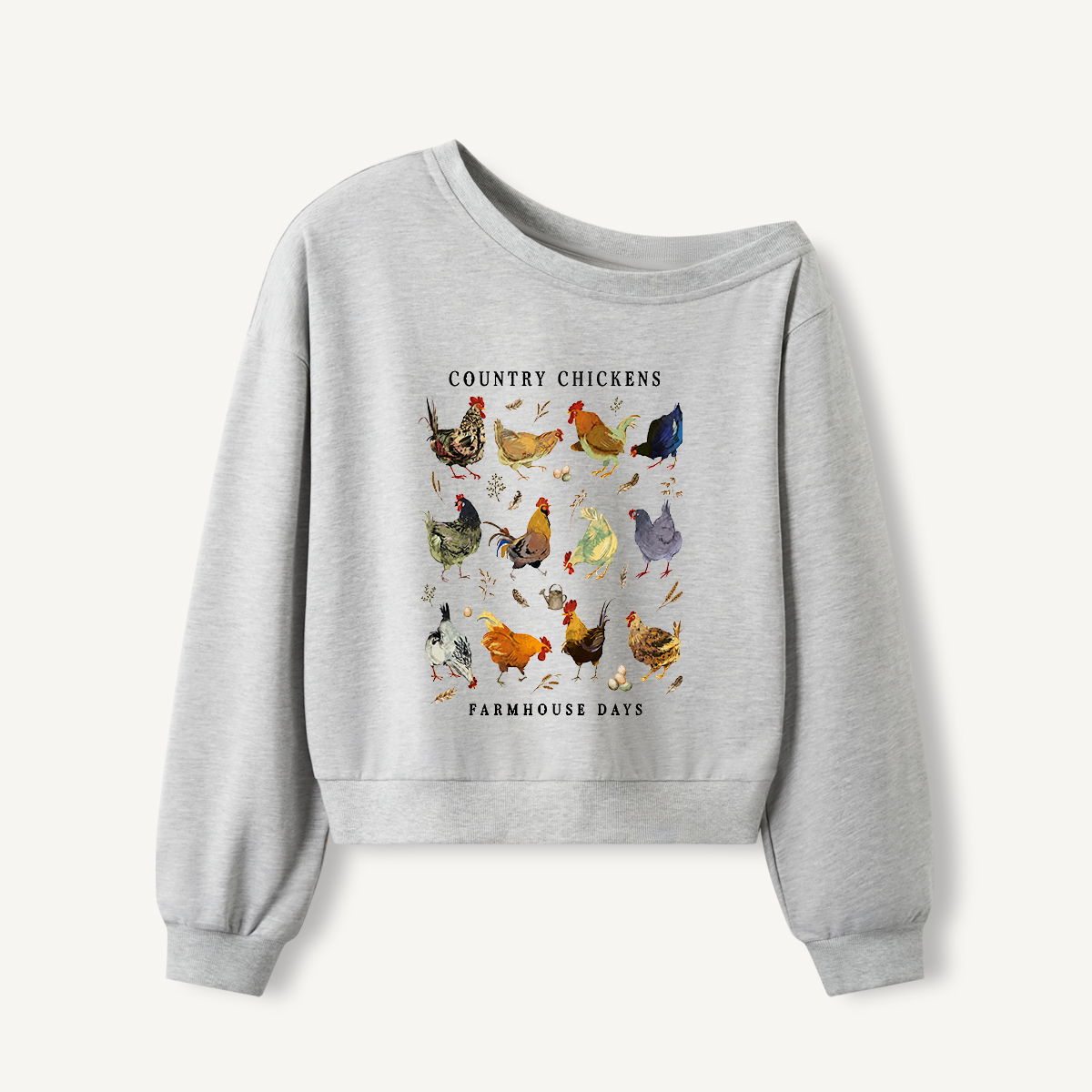 Country Chicken Farmhouse Collection Print Off Shoulder Sweatshirts 