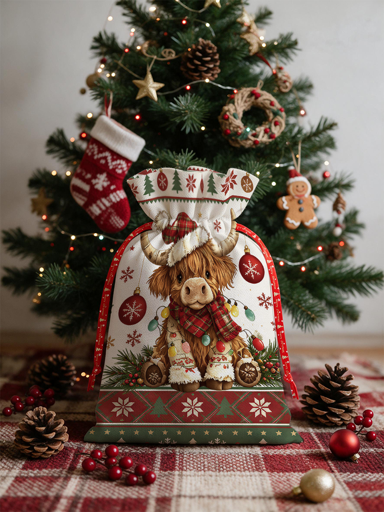 Highland Christmas Cow Reusable Drawstring Gift Bag