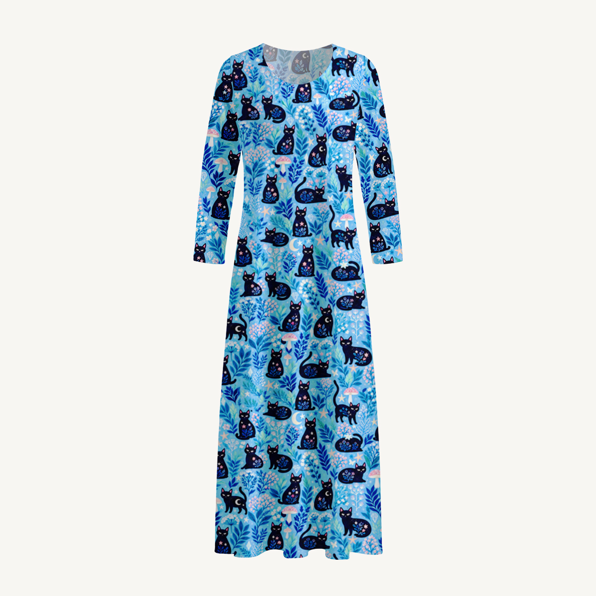 Celestial Black Cats & Mushrooms Print Soft-Touch Stretch Knit Long Sleeve Maxi Dress with Pockets