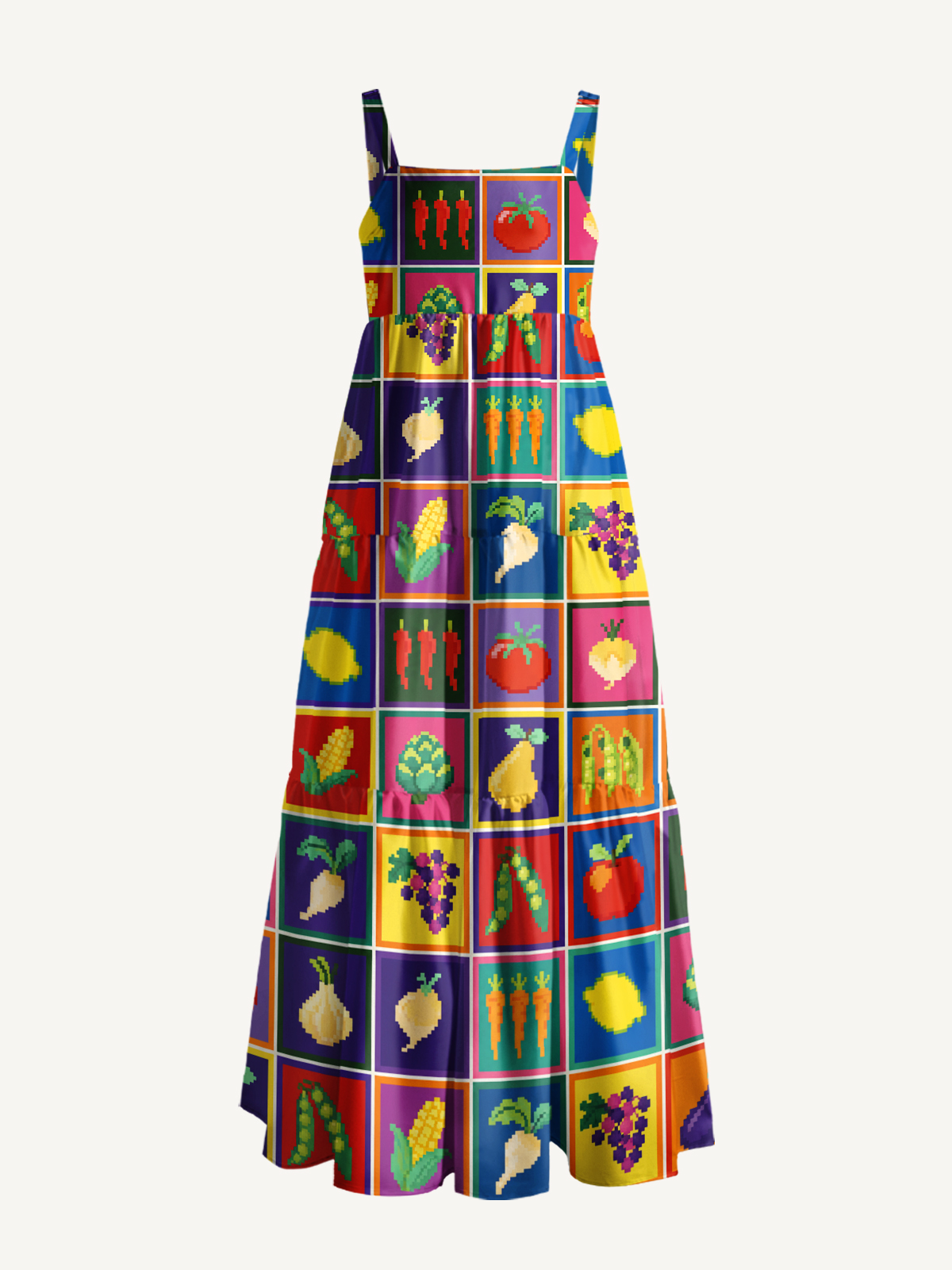 Pixel Garden Harvest Print Wide Straps Maxi Dress With Pockets