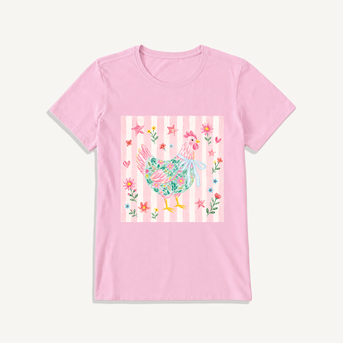 Cozy Floral Hen Nook Print Crew Neck Cotton Tee