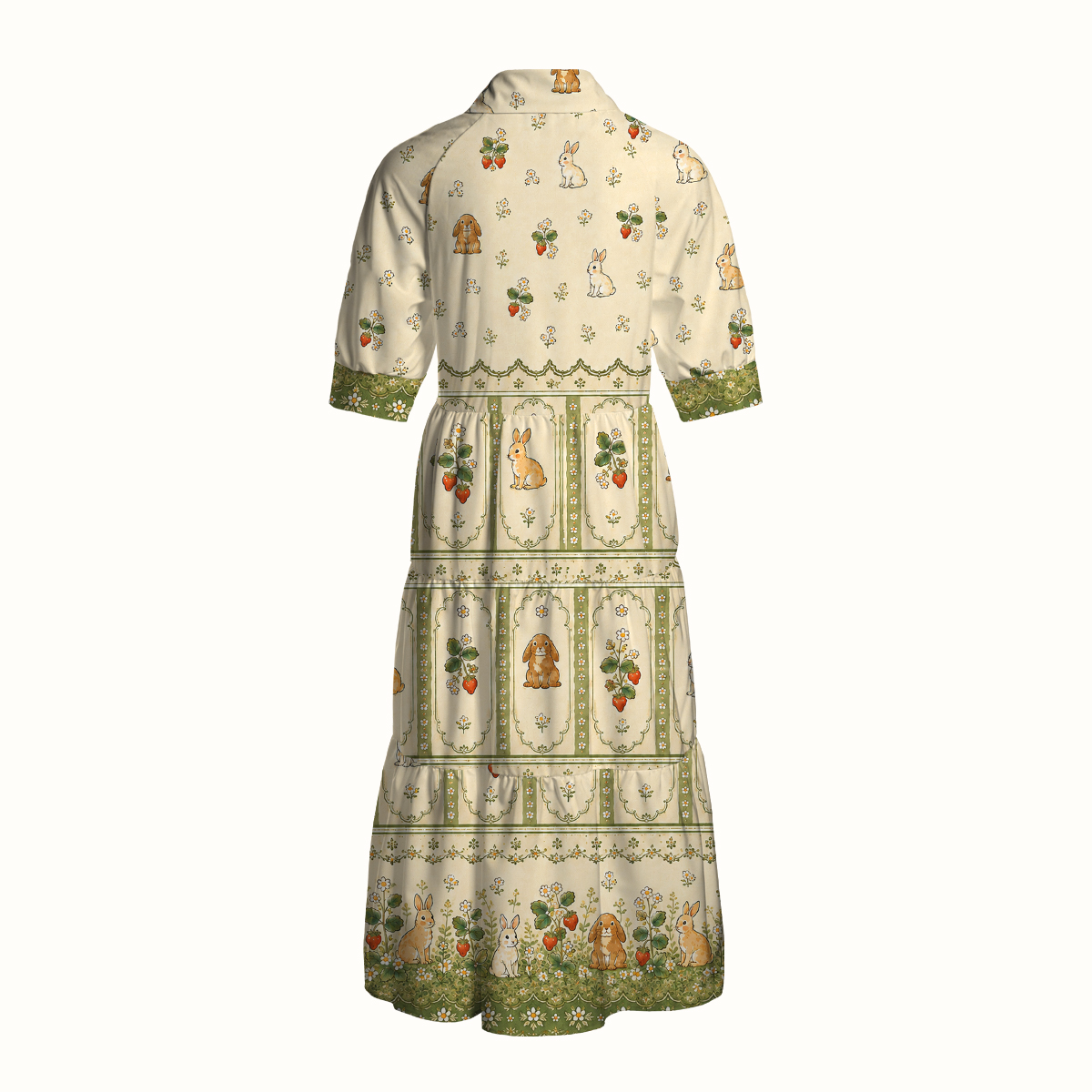 V Neck Collared Bunnyberry Garden Print Casual Midi Dress With Pockets