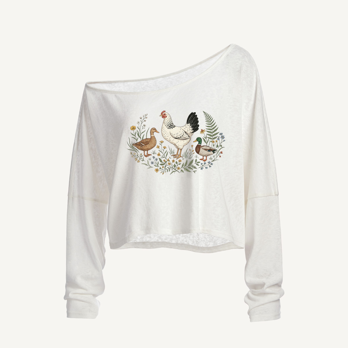 Countryside Garden Critter Long Sleeve Off Shoulder T-shirt