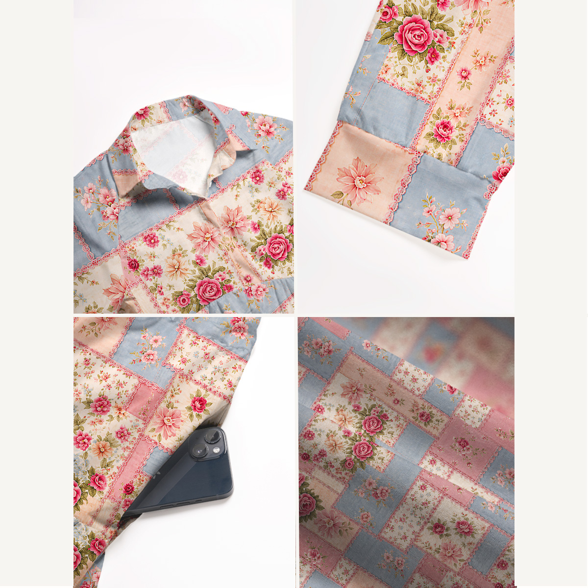 Vintage Pink and Blue Floral Patchwork Print Casual Midi Dress With Pockets