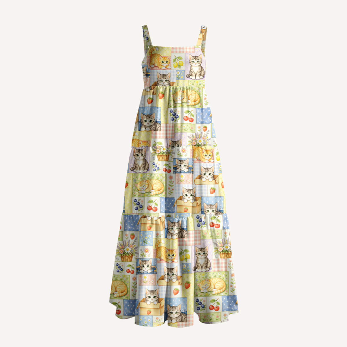  Vintage Patchwork Kitty Print Wide Straps Maxi Dress With Pockets