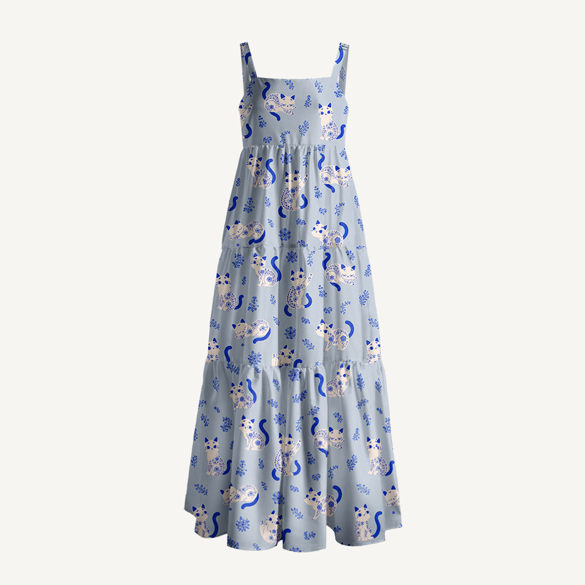 Cottagecore Blue China Cat Print Wide Straps Maxi Dress With Pockets