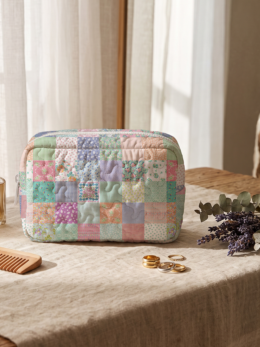Vintage Quilt Patchwork Print Cloud Quilted Cosmetic Pouch