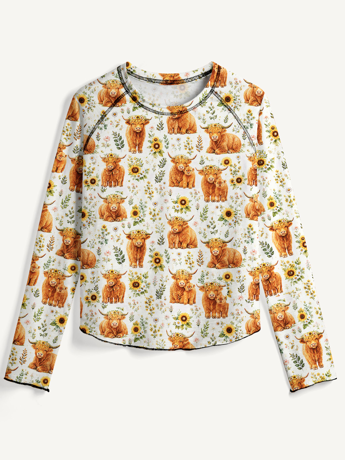 Spring Highland Cow Floral All-Over Print Cotton Raglan Long Sleeve Top
