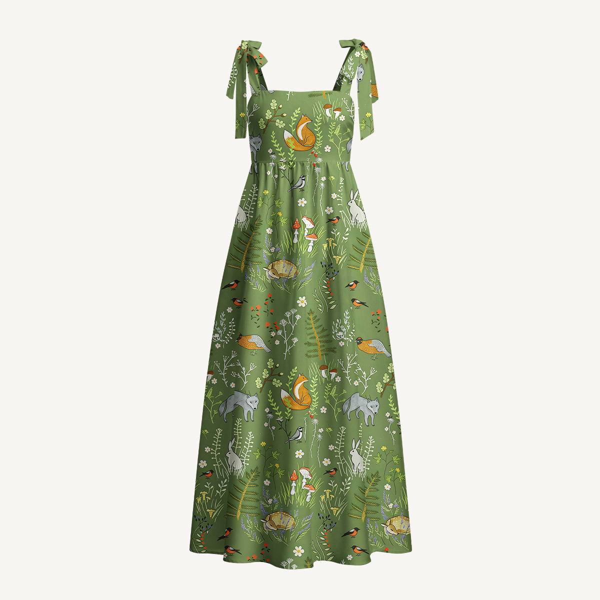 Whimsical Woodland Animals Print Bow Strap Maxi Dress With Pockets