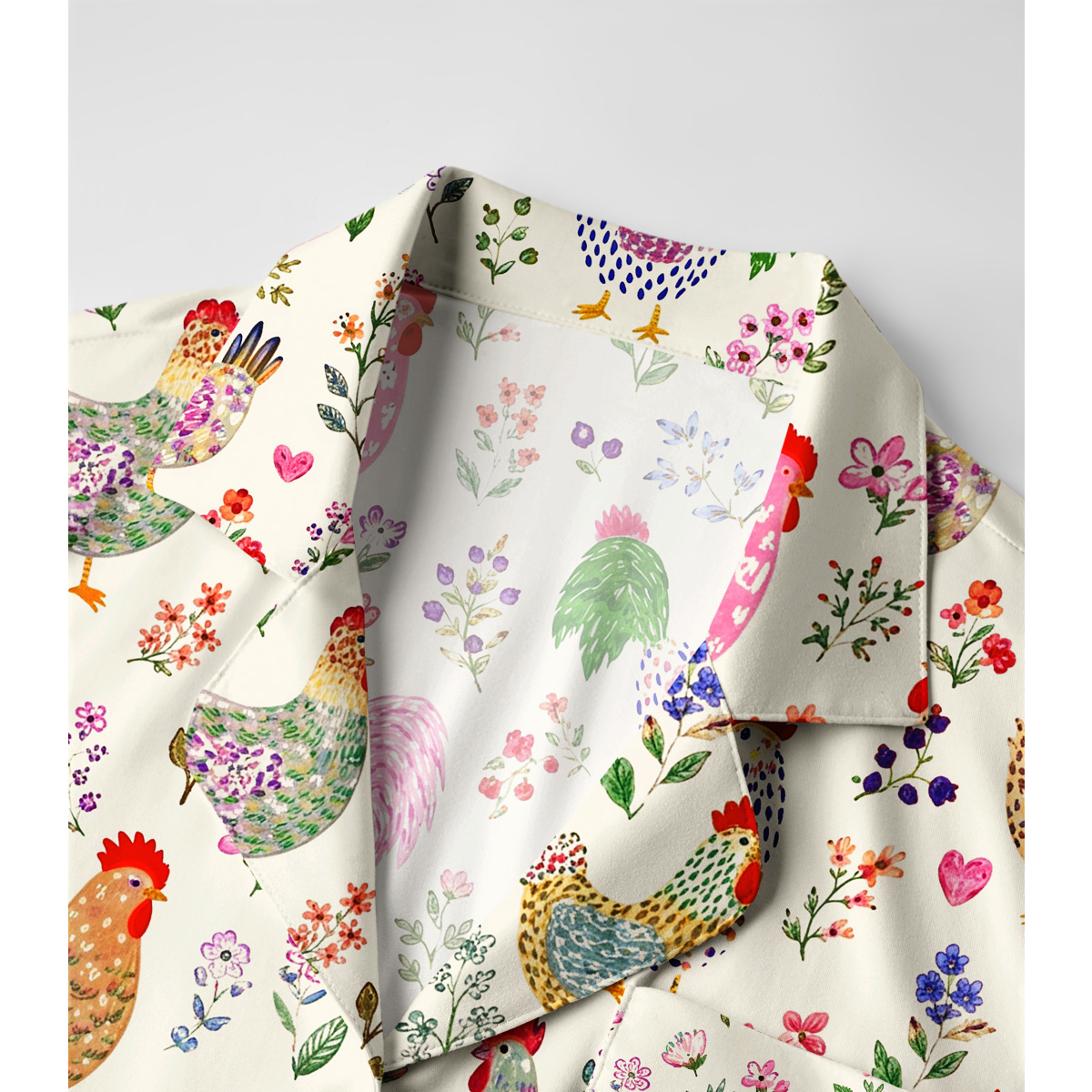 Colorful Farm Chickens Print Long Pajama Set 