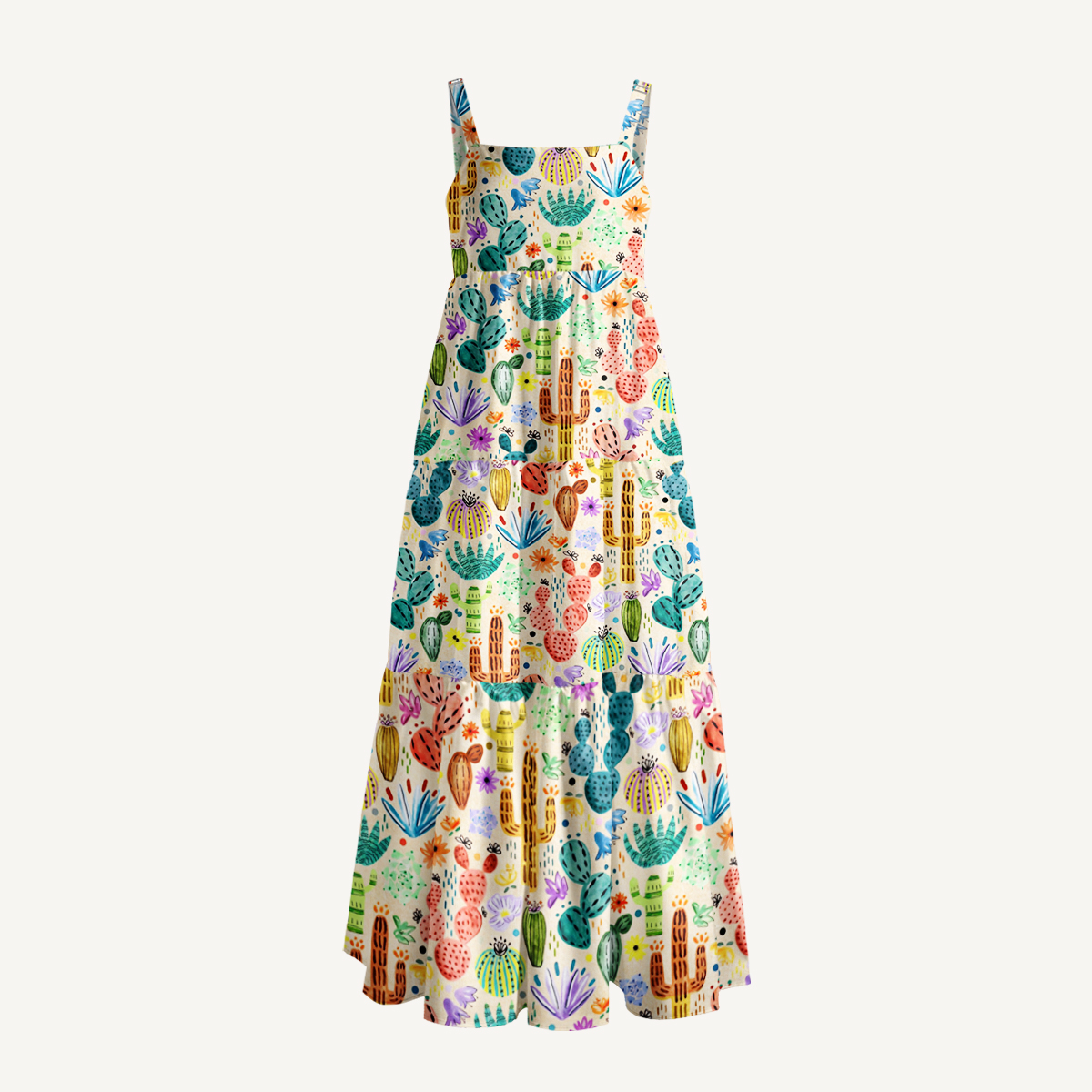 Colorful Watercolor Cactus Garden Print Wide Straps Maxi Dress With Pockets