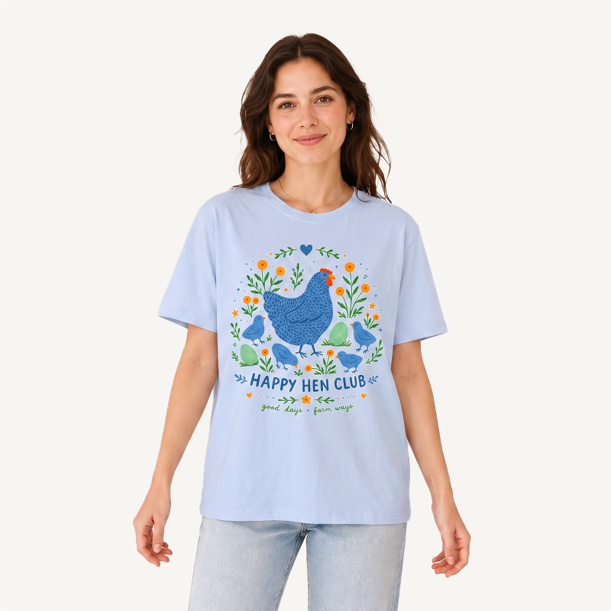 Blue Hen and Chicks Garden Print Crew Neck Cotton Tee