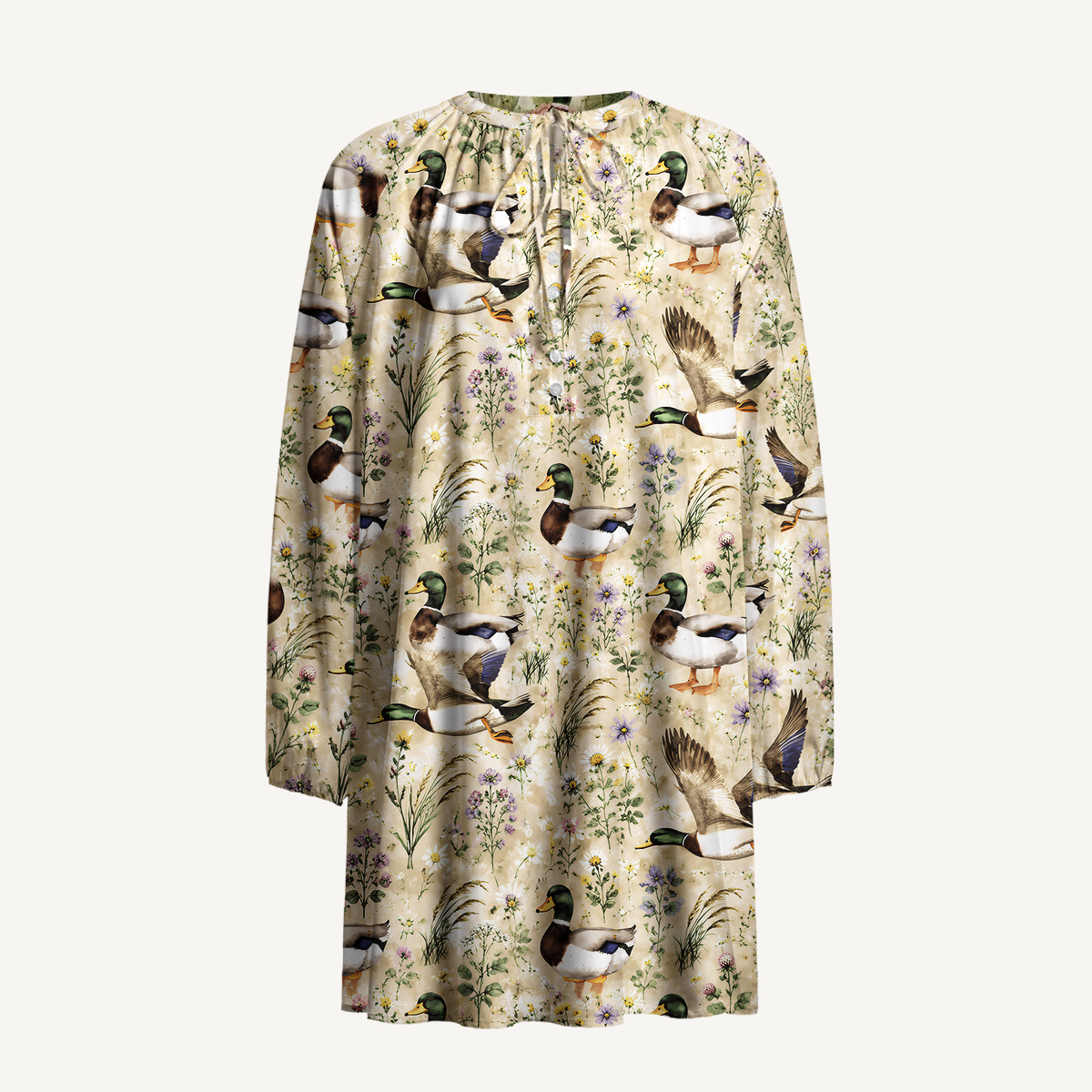 Watercolor Mallard Ducks Print Boho Tie‑Neck Smock Mini Dress
