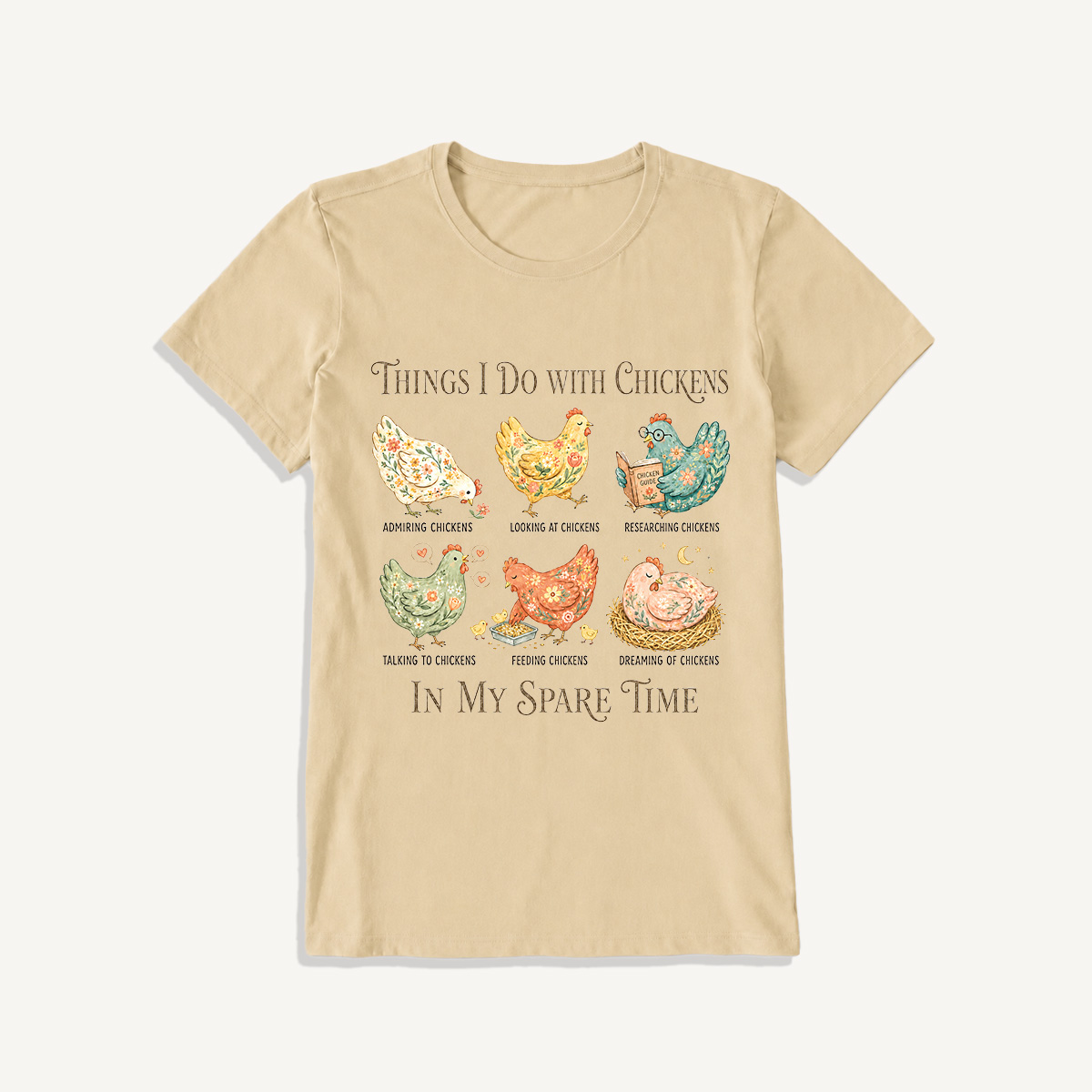 Floral Chicken Garden Life Print Crew Neck Cotton Tee