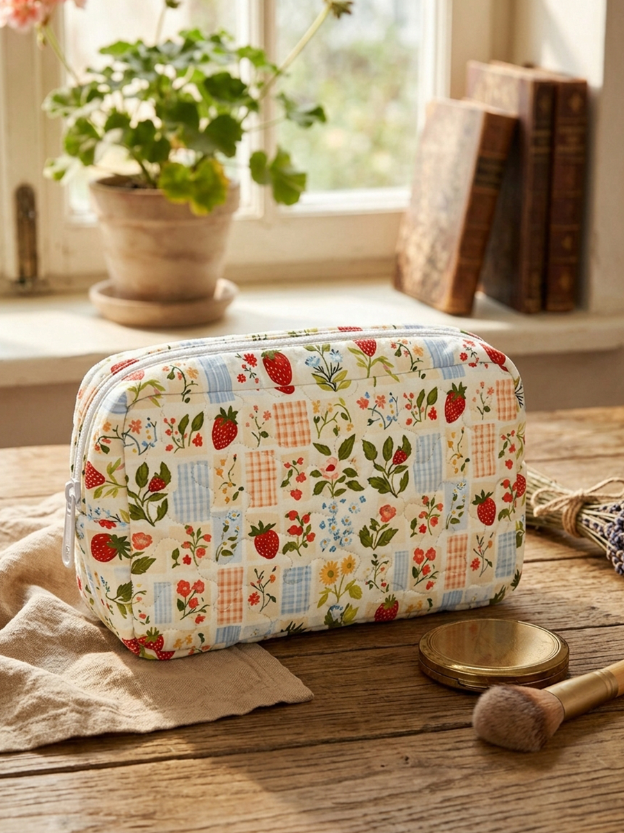 Strawberry Garden Patchwork Print Cloud Quilted Cosmetic Pouch