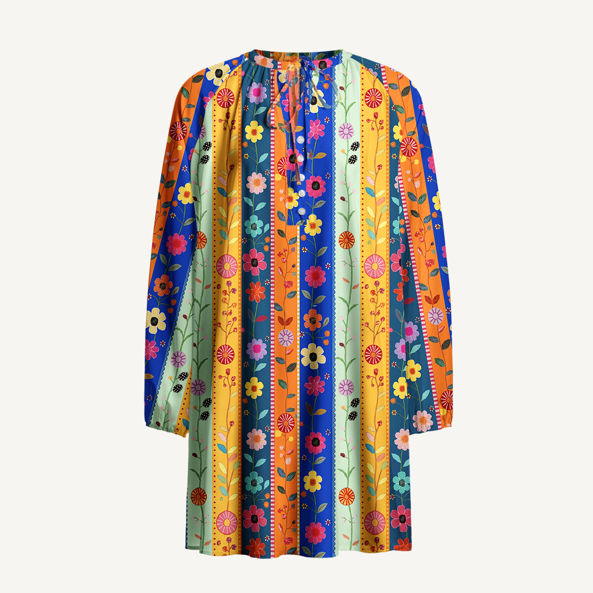Rainbow Garden Colorblock Print Boho Tie‑Neck Smock Mini Dress
