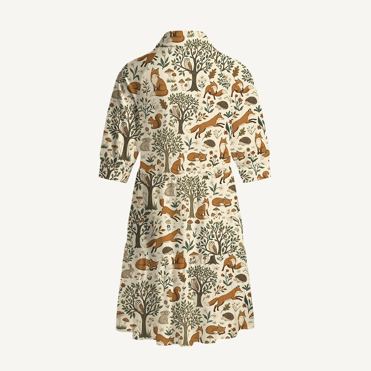 V Neck Collared Woodland Creatures Mini Dress For Women With Pockets