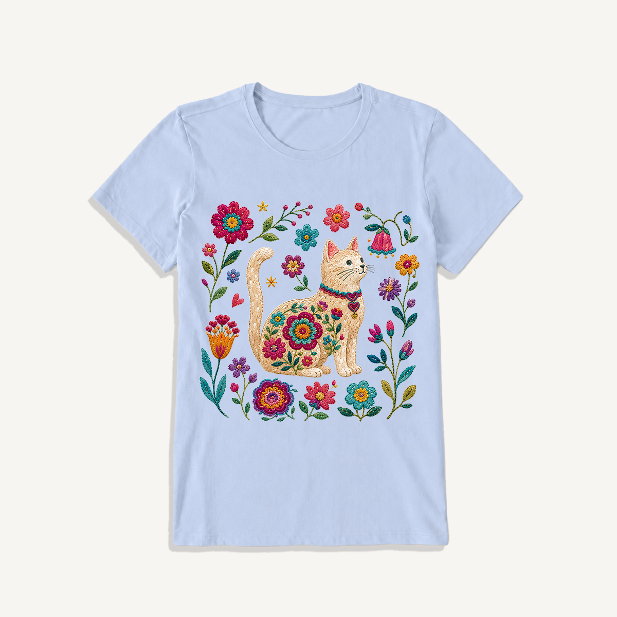 Embroidered Floral Cat Print Crew Neck Cotton Tee