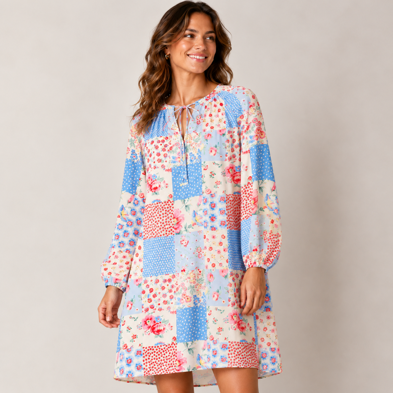 Pastel Patc Print Boho Tie‑Neck Smock Mini Dress