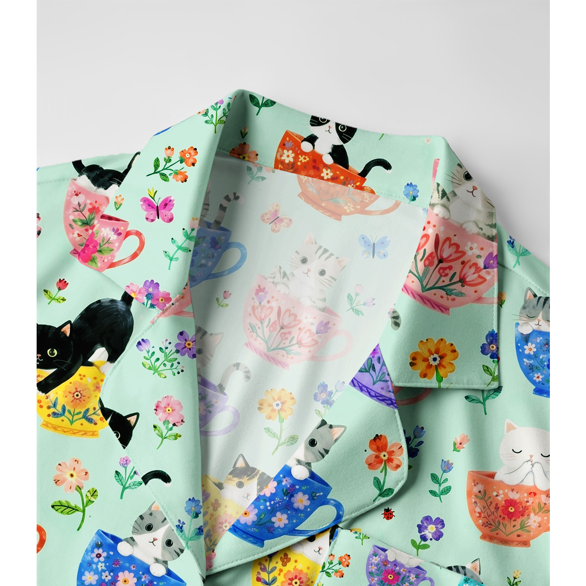 Cute Teacup Kitten Print Long Pajama Set 