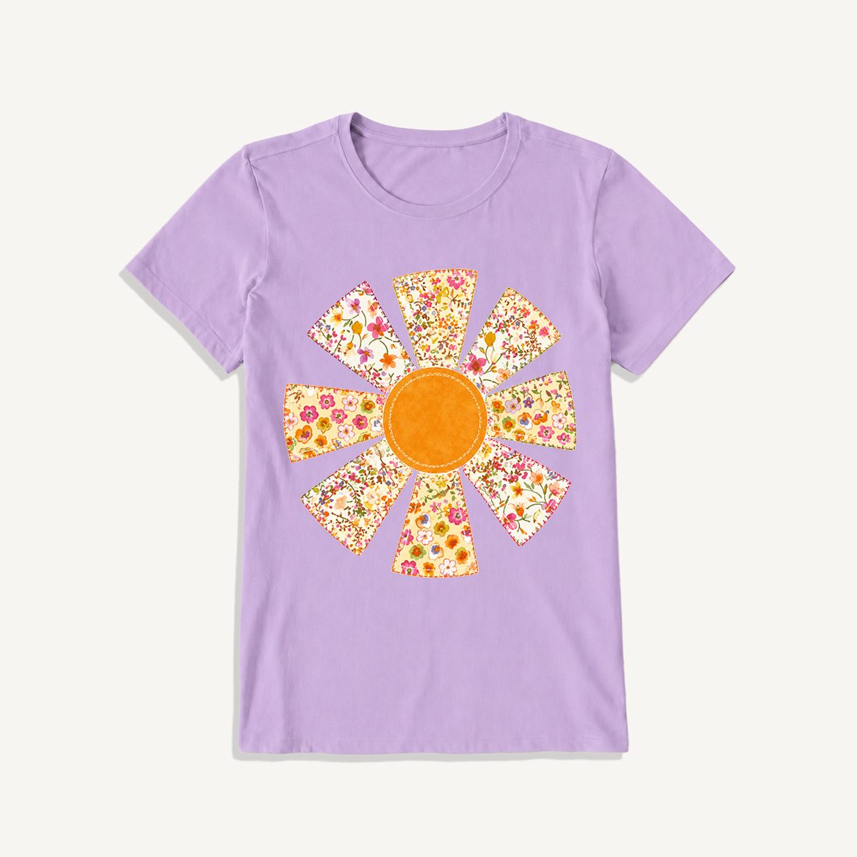 Golden Patchwork Daisy Print Crew Neck Cotton Tee