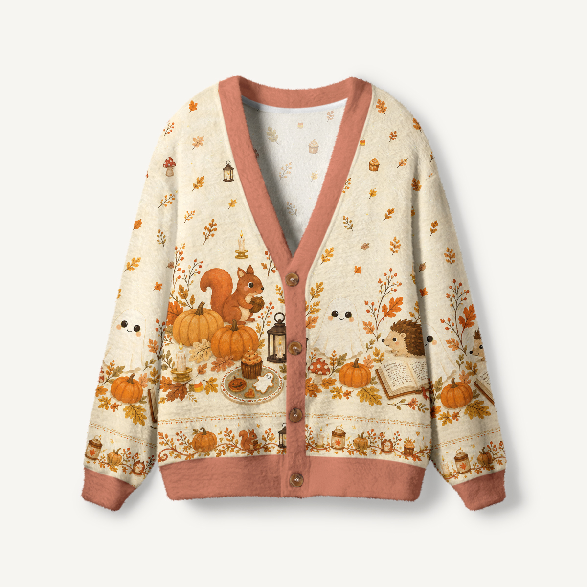 Pumpkin Ghost Harvest Print Ugly Cardigan Sweaters