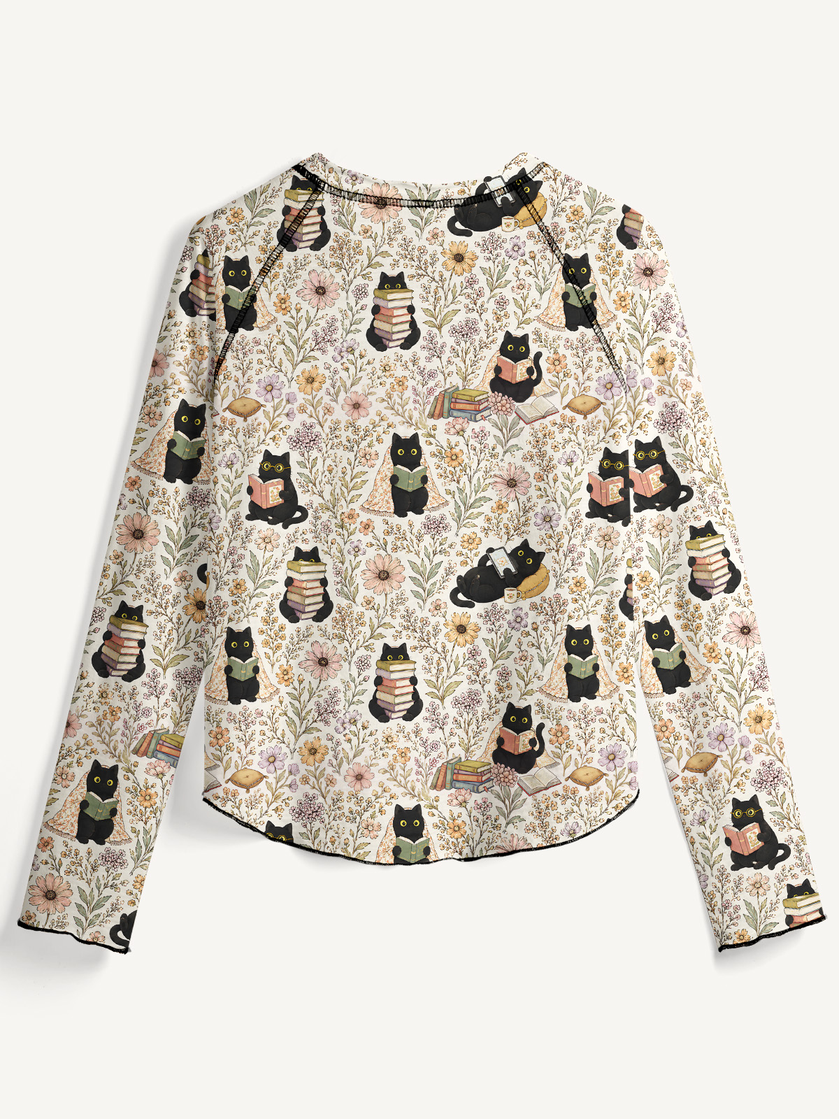Books Blooms and Black Cats All-Over Print Cotton Raglan Long Sleeve Top