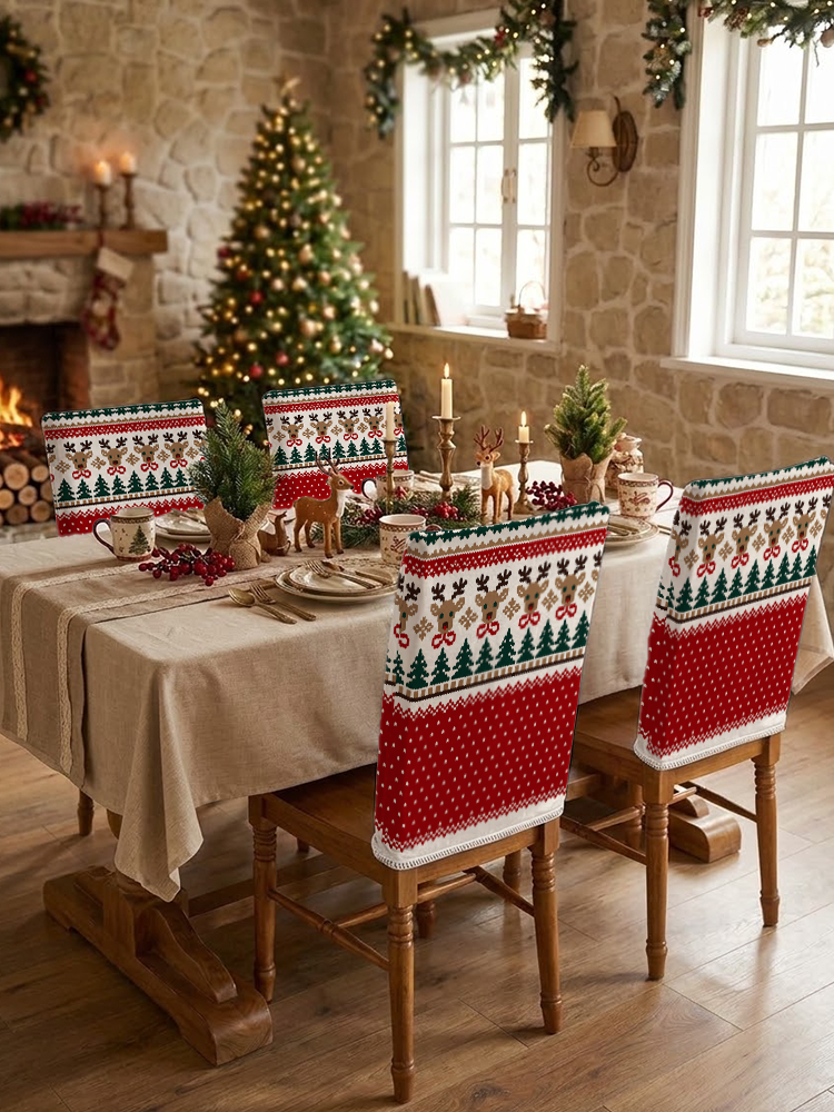 Christmas Reindeer & Pine Tree Print Dining Chair Back Covers
