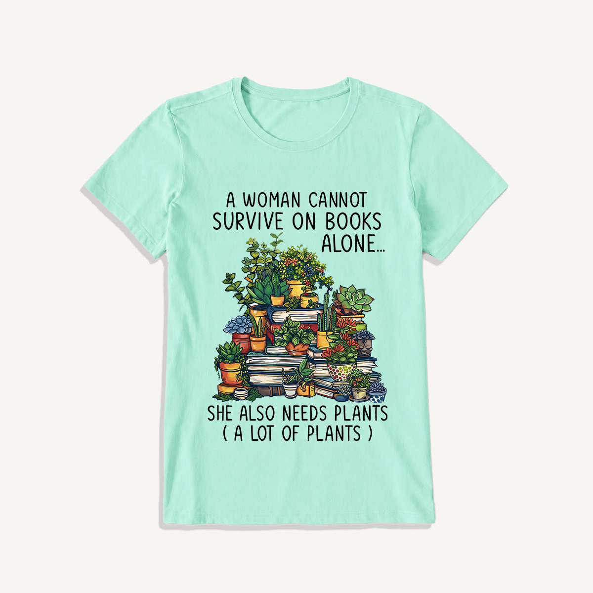 Books and Potted Plants Print Crew Neck Cotton Tee
