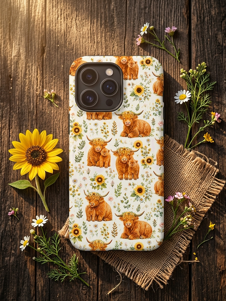 Spring Highland Cow Floral Print Phone Case