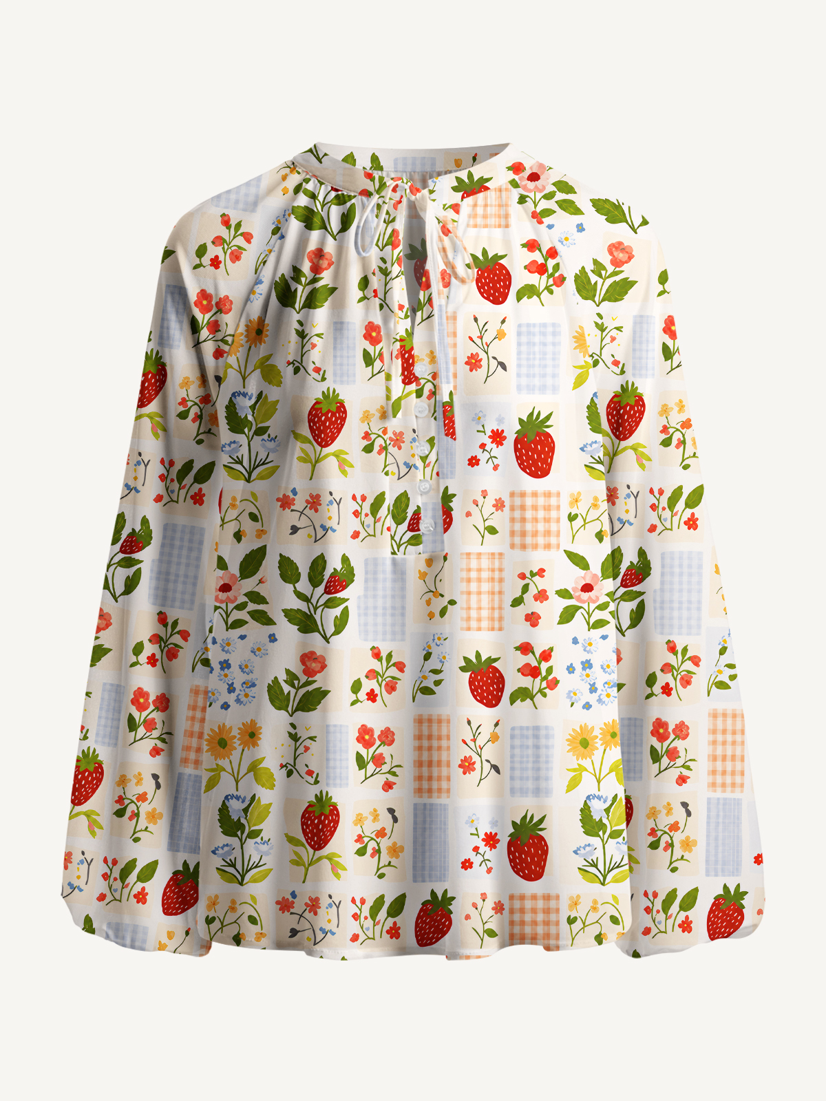 Strawberry Garden Patchwork Print Boho Long Sleeve Tie‑Neck Blouse