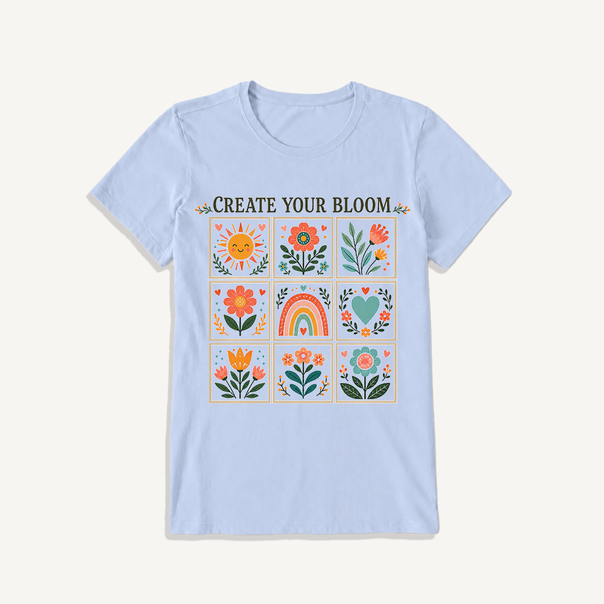 Folk Art Bloom Grid Print Crew Neck Cotton Tee