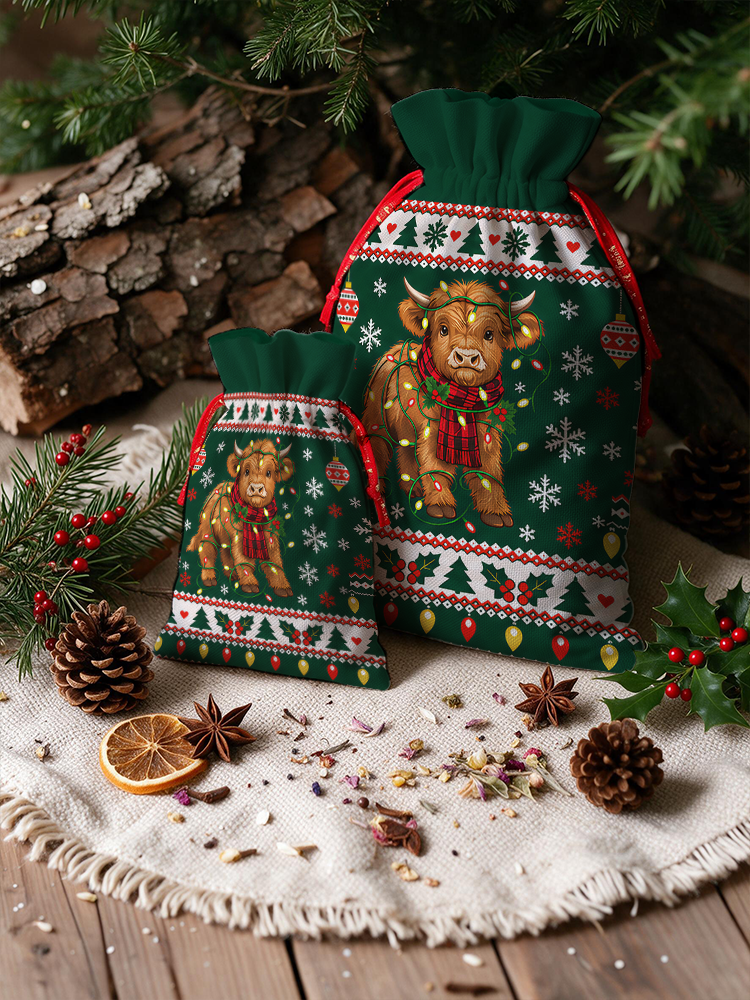 Christmas Cow Snowflake Reusable Drawstring Gift Bag