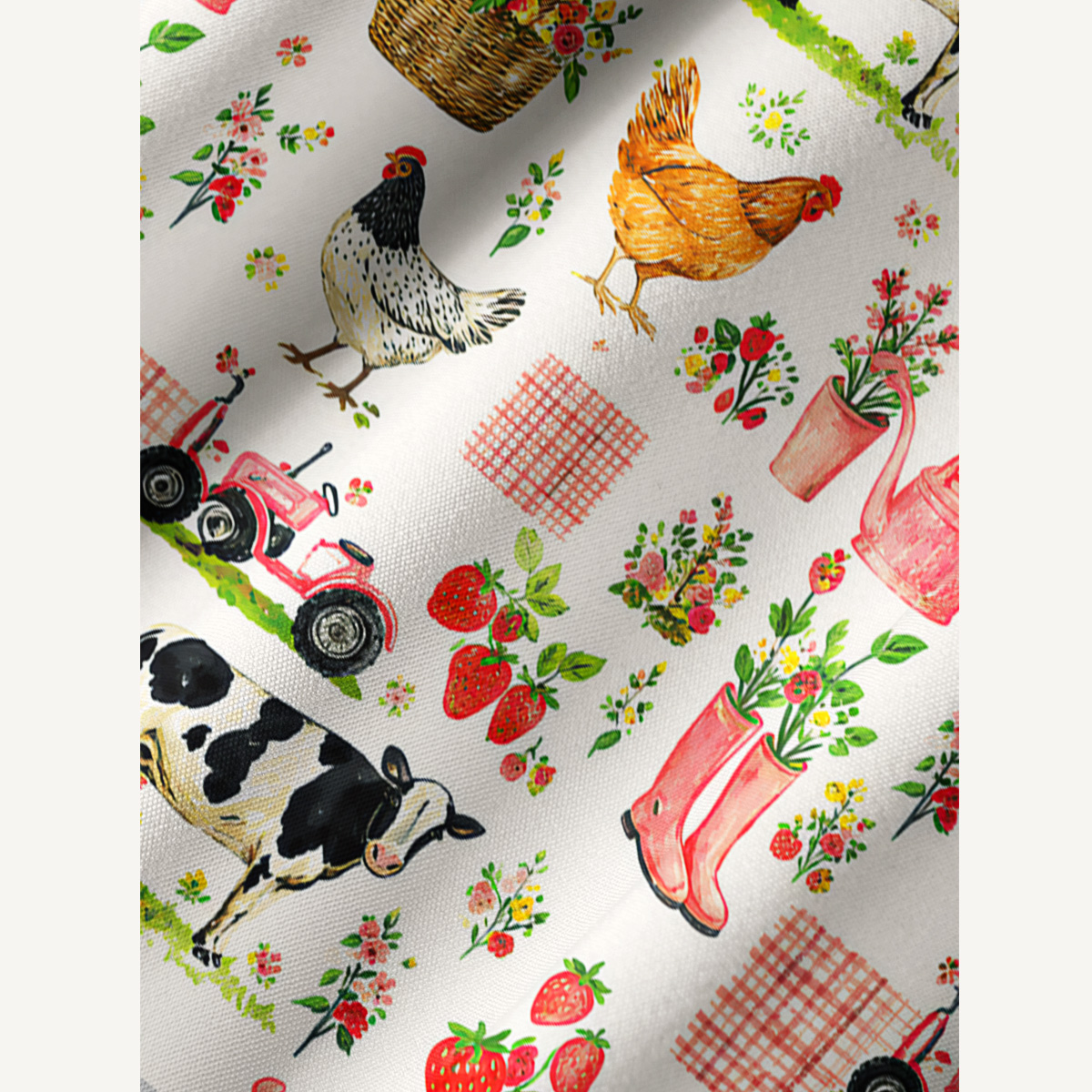 Watercolor Pink Farm Chicken Print Boho Tie‑Neck Smock Mini Dress