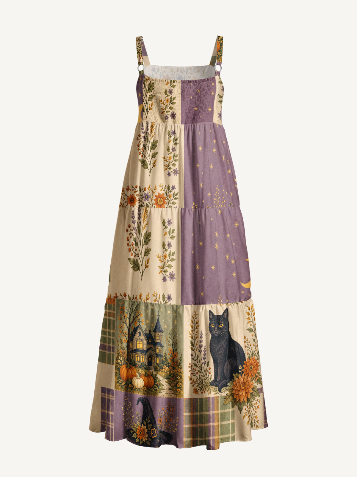 Witchy Halloween Black Cat Cottage Print Wide Straps Maxi Dress With Pockets